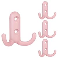 4 Pack Pink Double Prong Coat Hooks with 8 Screws Retro Double Hooks Heavy Duty Hooks for Coat, Scarf, Bag, Towel, Key, Cap, Cup, Hat