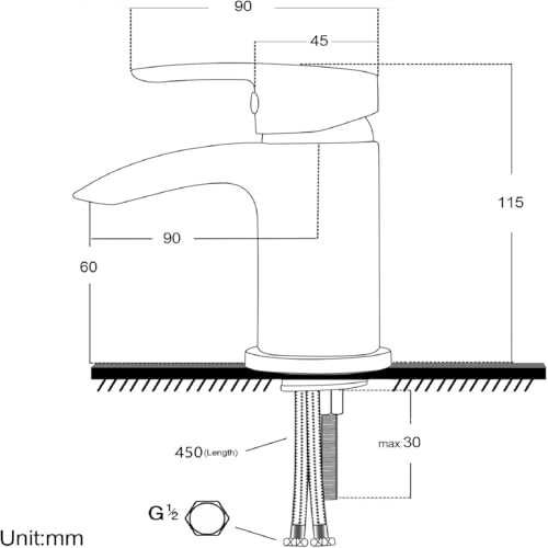 Basin Taps Mixer Waterfall Bathroom Sink Tap Mixers Mono Chrome with Pop up Waste Slotted Brass Single Hole Monobloc with Hoses G1/2'' Modern Round Cloakroom Faucet with Click Clack Plug Waste