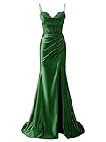 HPPEE Long Prom Dresses for Teens 2025 Mermaid Satin Formal Evening Dress with Slit Corset Emerald Green Ball Gown UK18