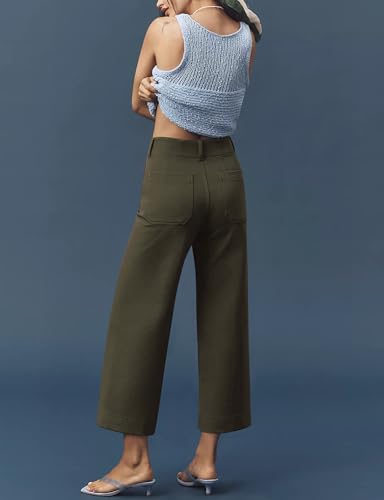 Women's Knit Wide Leg Pants Casual Button Down High Waisted Loose Fit Stretchy Cropped Hem Trousers with Pockets3