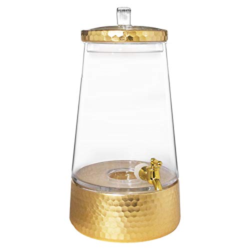 Fitz and Floyd Beverage Cold Drink Dispenser w/ 1.7 Gallon Capacity Glass Jug, Metal Handle & Leak-Proof Acrylic Spigot in Gorgeous Gift Box, Clear/Gold