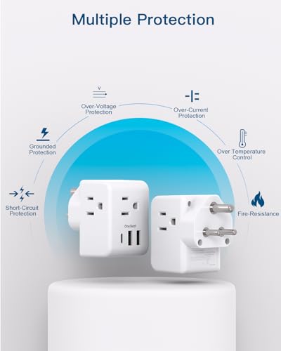 Image of 2 Pack India Power Adapter, One Beat Type D Plug Adapter with 3 American Outlets 3 USB Ports(1USB C), 6 in 1 India Travel Plug Adapter for US to India, Bangladesh, Kuwait, Maldives