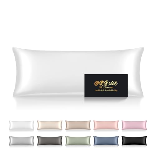 Image of Silk Body Pillow Cases, Mulberry Silk Body Pillow Cover with Zipper, Smooth, Anti Acne, Cooling Sleep Both Sides Natural Silk Satin 20x54 Body Pillowcase, Gifts for Women Men, White