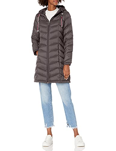 Tommy Hilfiger Women's Mid-Length Puffer Hooded Down Jacket with Drawstring Packing Bag