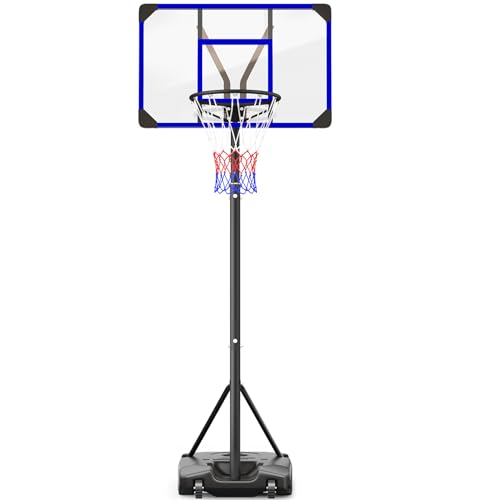 Panier de basket-ball d'extérieur avec support, 147-260 cm réglable en hauteur, 82 x 53 cm, panneau arrière incassable, base élargie et roues, intérieur...