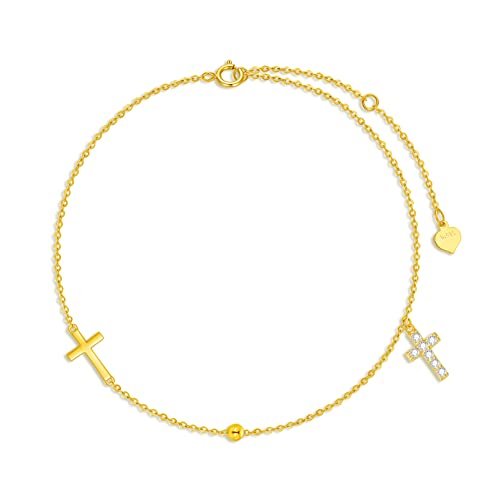 Sisgem 14K Yellow Gold Cross Anklets For Women,Real Gold Religious Cross Ankle Bracelet Dainty Beaded Foot Jewelry Sea Beach Gifts For Birthday Christmas 8+2 Inch #TOP24
