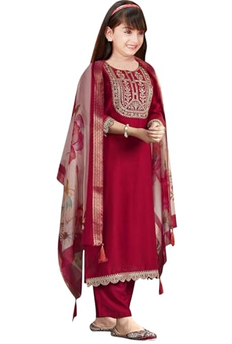 Image of Girls Ethnic Outfit | Embroidered Silk Girls Salwar Suit | Kurta Pant and Jacquard Dupatta Set