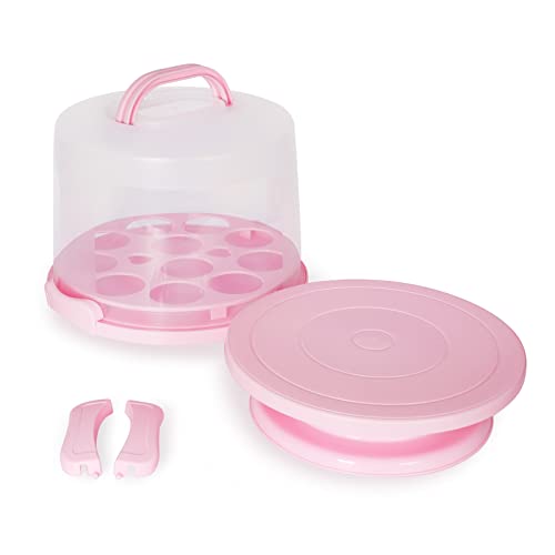 Garmeinea Cake Carrier Cupcake Containers With Lid And Handle Portable Storage & Transport Container Holder 10” Cake Stand For Cake Cupcakes Nuts Pies Muffins Cookies Fruit Pink High #TOP10
