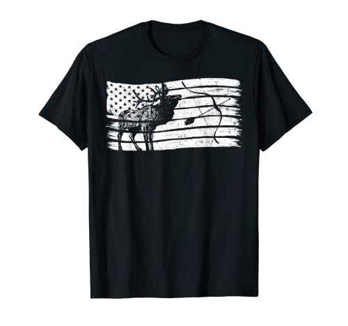 Retro Elk Caza EE.UU. bandera americana arco cazadores hombres al aire libre Camiseta