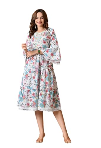 Image of LIBOZA 100% Cotton Floral Print Tiered Midi Dress, Bell Sleeves, Lace Trim Detail, White and Multicolour for Women, Office, Party, All Occassions