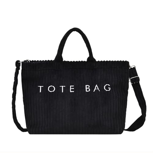 Image of Kawn Korean Tote Bag Aesthetic Corduroy Canvas Handbag for Women Zipper Casual Large Capacity Shoulder Bag with Pockets Versatile Everyday use for College Work Travel & Shopping