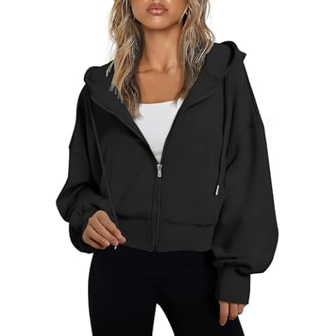 Jhsnjnr Women's Hoodies with Pockets Lightweight Zip Up Sweatshirts Drawstring Long Sleeve Crop Tops Jacket Black Cover