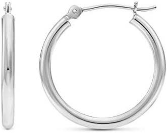 14k White Gold Classic Shiny Polished Round Hoop Earrings, 2mm tube