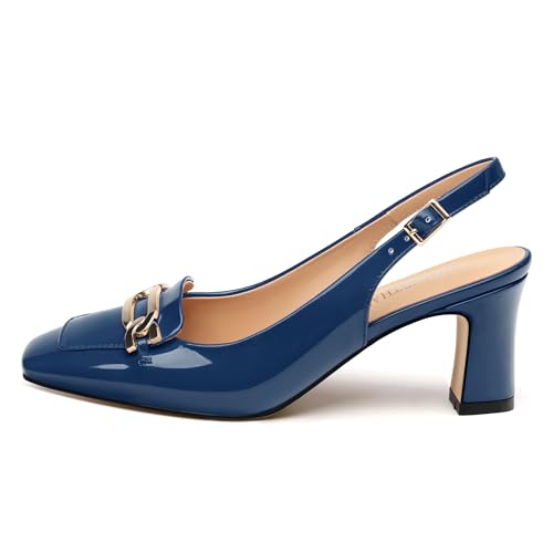 Women's Pumps Slingback Chunky Block Heels Square Closed Toe Strappy Patent Pumps Comfortable Casual Party Dress Shoes 2.5 Inch Navy Blue Patent Size 72