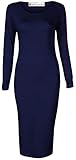 GirlzWalk® Women's Plain Long Sleeve Midi Dress - Ladies Scoop Neck Stretch Bodycon Pencil Maxi Dress (Navy, 16-18)