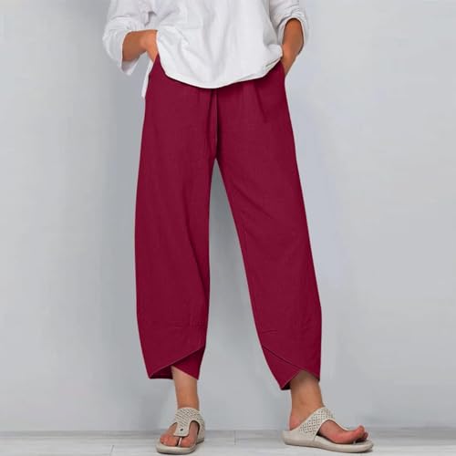Image of DMOYALA Linen Pants for Women Summer Casual Wide Leg Capri Pants Loose Fit Palazzo Pants Cropped Beach Pants with Pockets