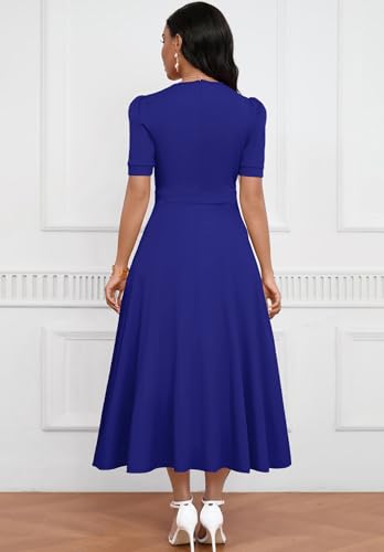 Image of MarryUP Women's Midi Dresses - V Neck Cocktail & Church Tea Dresses - Short Sleeve A-Line Swing Dress