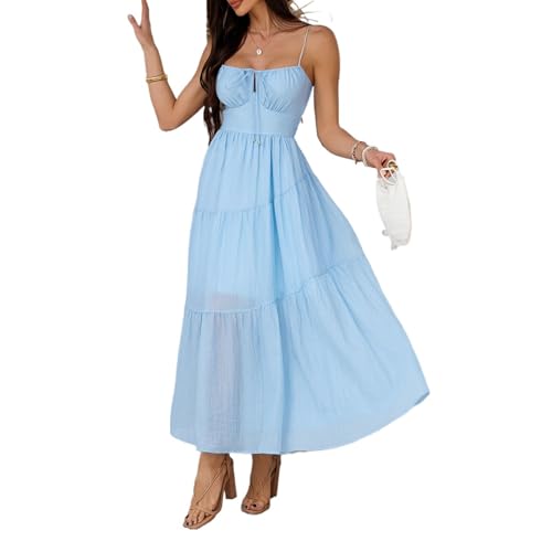 Image of Sumleno Summer Spring Dresses for Women 2026 Corset Spaghetti Strap Flowy Maxi Dress Vacation Beach Wedding Guest Outfits