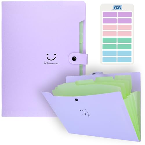 Image of SPS 5 Pocket Expanding File Folder Smile Design - Fits A4 & Letter Size Document Organizer, Accordion File Folders, File Holder for Office, Portable File Organizer, School & Home - Pastel Lavender