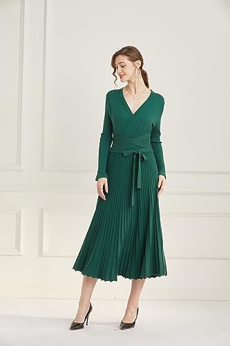 Image of Women's Long Knit Crewneck Sweater Dress Tie Waist A-Line Swing Pleated Bodycon