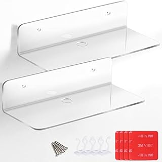 Acrylic Floating Shelves Set of 2, Versatile Self Adhesive Small Shelf That Utilizes Wall Space for Book Picture, Plant, Security Cameras Speaker, No Drill Display Shelf with Cable Clips(Transparent)