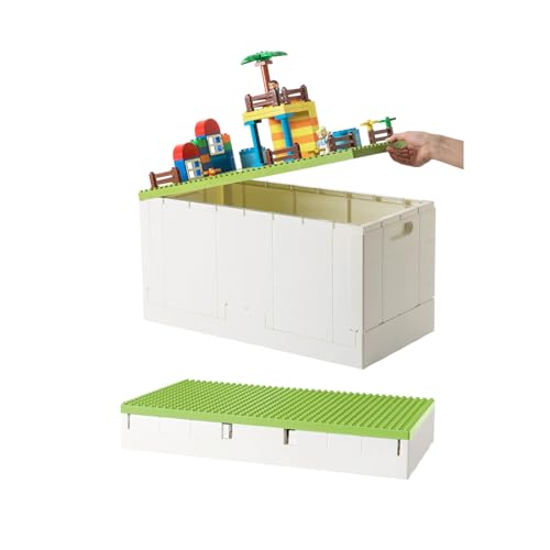 SHIMOYAMA 53 Qt. Folding Storage Box with Large Building Lid for Lego Duplo Blocks 13 Gallon Collapsible Organizer for Lego Bricks (Green)