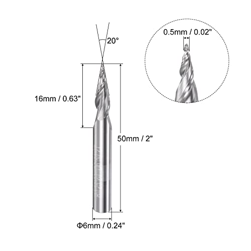 Image of uxcell Tapered Ball Nose End Mill, Uncoated Solid Carbide 2 Flute Spiral Milling Cutter, 0.25mm Radius, 0.5mm Diameter, 6mm Shank, 50mm Length, 20 Degree Angle