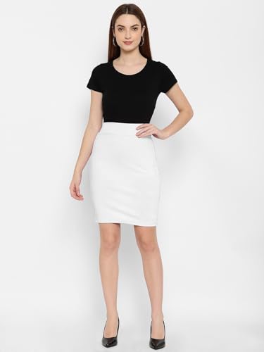 Image of Mehrang Formal Pencil Skirt, Women's Stretchable Pencil Midi Skirt, Cotton Blend Stretchable Knee Length Pencil Skirt with Elasticated Waist Belt