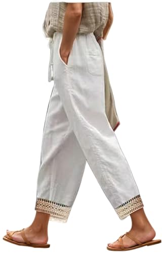 Womens Floral Print Pants Drawstring Elastic Waist Plus Size Casual Cotton Linen Pants Summer Boho Straight Leg Capri Pants