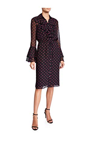 Rickie Freeman For Teri Jon Dot Jabot Long-Sleeve Ruffle-Trim Shirtdress, Blk/Fu, 4