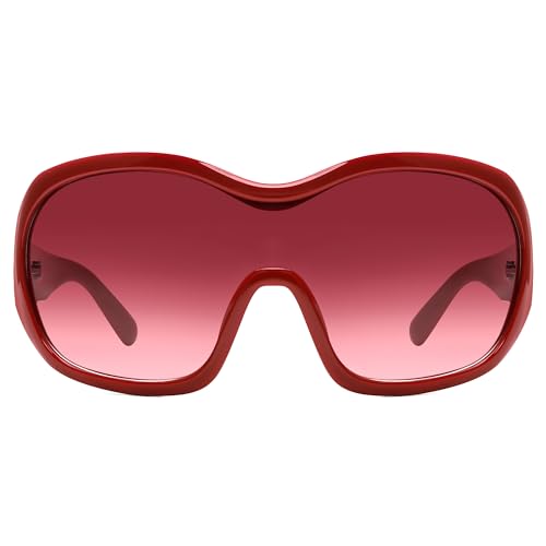 TYA Oversized Trendy Wrap Around Sunglasses for Women Men - Cool Concert shades 2000s Retro Round Big Shield Glasses (Red)
