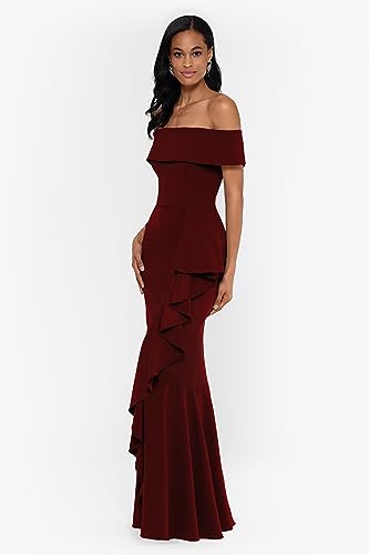 Image of Betsy & Adam Women's Women's Long Off Shoulder Cascade Ruffle Stetch Scuba Crepe Gown