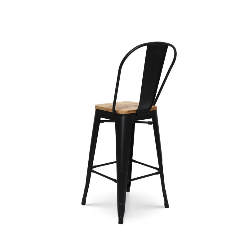 Kosmi - Lot de 4 tabourets de Bar Style Industriel en Métal Noir Mat avec Dossier Haut et Assise en Bois Clair - Hauteur d'Assise 66 cm