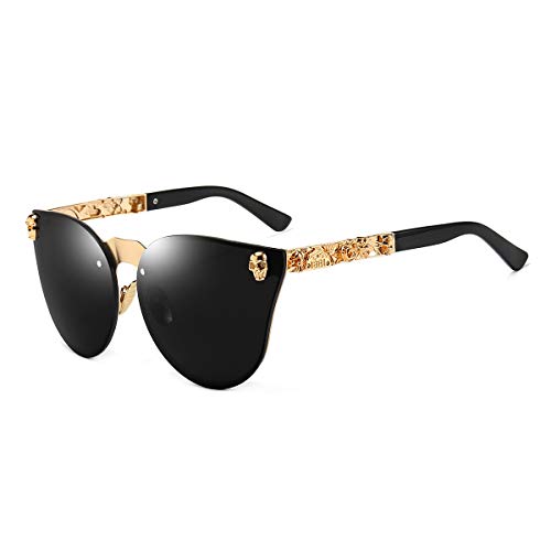 Dollger Skull Design Cat Eye Sunglasses UV400 Protection (Rimless Black Lens+Gold Frame)