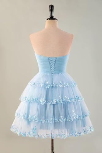 Short Strapless Lace Appliques Homecoming Dresses Tiered Ruffle Tulle Formal Cocktail Party Gowns for Teens HS2232