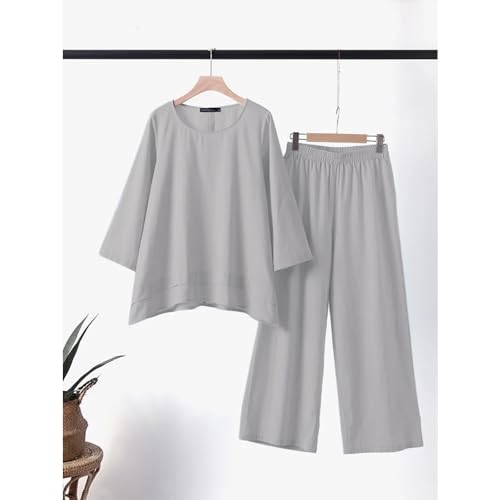 Womens 2 Piece Cotton Linen Pants Suits Crewneck Loose Long Sleeve Tops Plus Size Wide Leg Linen Pants Set3