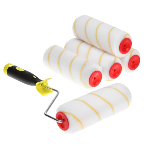 QWORK® 5 Peizas rodillos de pintura, rodillo de hilo amarillo de 18 cm con barra, rodillo pintura pared, para pinturas a base de dispersión y látex
