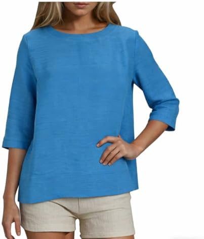 Linen Shirts for Women Cotton Crewneck Spring Tops 2026 Summer 3/4 Length Sleeve Womens Shirt Work Vacation Travel
