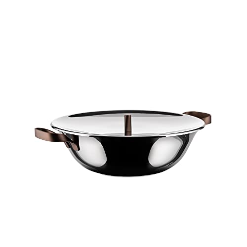 Alessi edo | PU308 - Wok in Trilamina con Coperchio in Acciaio Inox, Manici e Pomolo in Acciaio Inox con Rivestimento in PVD, Marrone