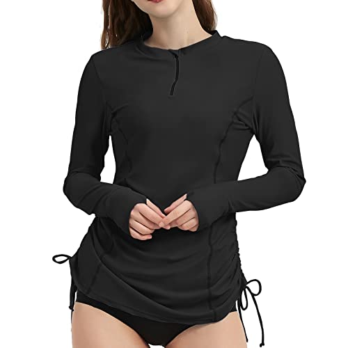 Lilycat Women'S Rash Guard Long Sleeve Sun Protection Clothing Half Zip Swim Shirt Side Adjustable Swimsuit Tops Hiking Surfing Black cover