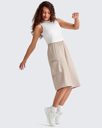 G4Free Bermuda Long Shorts with Pockets for Woman Wide Leg Capri Pants High Waist Stretch Sweatpants Travel Lounge Hiking Pants(Light Khaki,M,13") — view 5