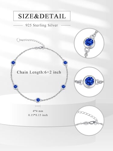 Image of Dorunmo Heart Birthstone Bracelets 925 Sterling Silver Round Birthstone Anklet for Women Birthday Jewelry Gifts for Girlfriend Wife Mother Her