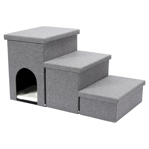 Ahsfield & Harkness 3 Step Pet Stairs, Ladder for Cats or Small Dogs, Ramp for Bed or Couch for Safe Access. Convient Folding Stair Helper with Storage. Holds up to 60 lbs. Cover