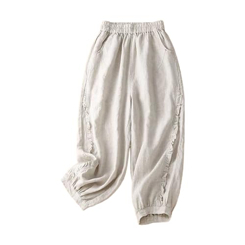 Womens Cotton Linen Capri Pants Vintage Embroidery Elastic Waist Solid Casual Pants Ruffle Cropped Trousers Pockets