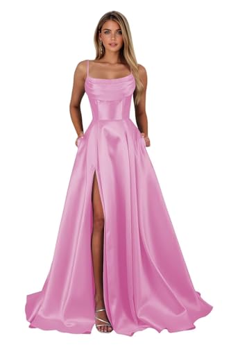 Jicht Long Satin Prom Dresses for Teens Sleeveless Pleated Cowl Neck A Line Formal Evening Party...