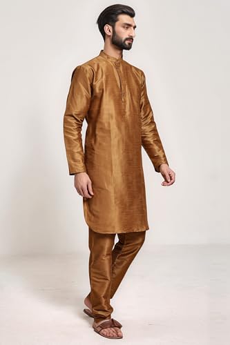 Image of SKAVIJ Men's Art Silk Solid Kurta Pyjama Set Festive Woven Design 2-Piece Ethnic Dress (KP055brown Brown M)