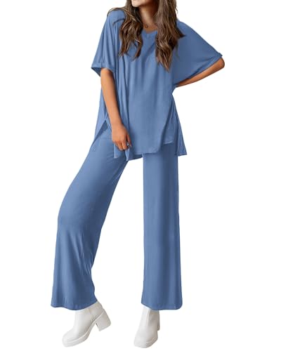 dowerme Summer Outfits For Women 2025 Casual 2 Piece Lounge Wear Pullover Top Wide Leg Pant Sets Beach Vacation Clothes