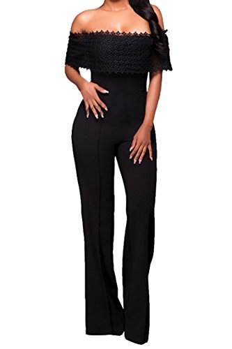 Rokiney Women's Casual Off Shoulder Short Sleeve Loose Pants Jumpsuits Black S