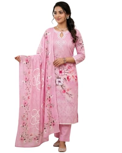 Image of KTI Women Cotton Unstitched Salwar Suit Material with Dupatta Geometric & Floral Printed Dress Material for Daily Wear Casual & Office Wear
