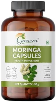 Grenera Organic Moringa Capsules 60 nos, Drumstick Tree Leaf Powder Capsules, Pure Shigru, Organic Certified